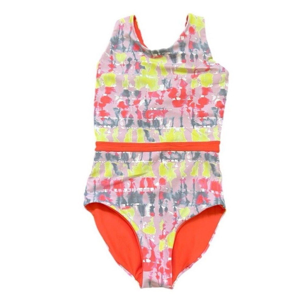Zella One Piece Swimsuit Orange Multi Abstract Reversible Racerback Size 8